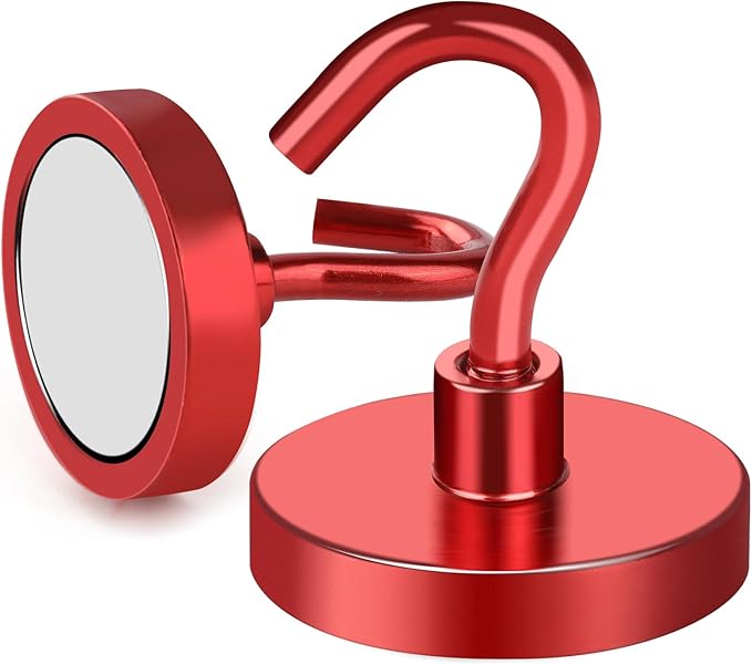 MIKEDE Strong Magnetic Hooks, 120Lbs Heavy Duty Magnetic Hooks for Cruise, Neodymium Earth Magnets with Hooks for Hanging, Super Metal Magnetic Hanger for Grill, Storage (Red,10 Pack)