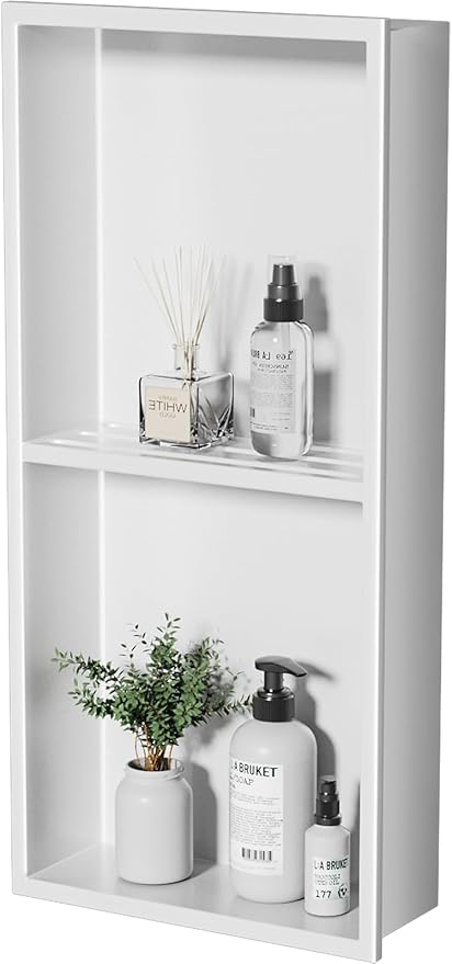No Tile Needed Shower Niche - 304 Stainless Steel Recessed Bathroom Shelf, 2-Tier Waterproof Organizer (White, 24 Inches X 12 Inches, 2)