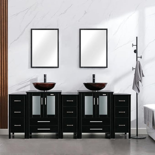 eclife 84" Modern Bathroom Vanity Sink Combo Freestanding Cabinet with Small Side Cabinet, Brown Round Glass Vessel Sink, Water Save Faucet, Drain (Black+A09)