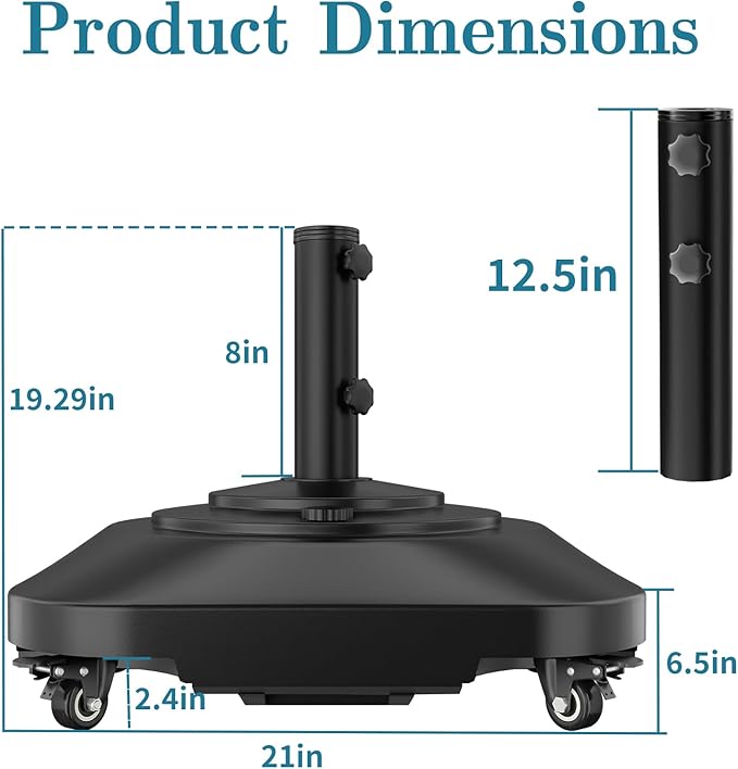 Umbrella Base,Heavy Duty Patio Umbrella Stand with 5 Wheels, Max 180lb Fillable Umbrella Holder Wind-Resistant, Mobile Square Market Stand for Outdoor, Deck, Lawn, Fits Most Sized Umbrellas (21 in)