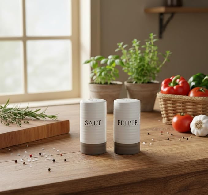 Young's Inc. Farmhouse Ceramic Salt and Pepper Shaker Set - Cute Kitchen Table Accessories and Decor, Small 3-Inch Modern White Rustic Dining Table Decor for Everyday Dining and Gift Giving
