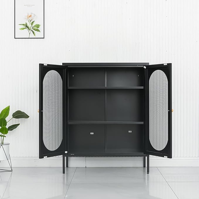 Black Metal Locker Storage Accent Cabinets with 2 Adjustable Shelves, 3 Tier Metal Storage Cabinet with Legs, Steel Cupboard Lockers for Kids Bedroom, Home, Office, Entryway, Kitchen