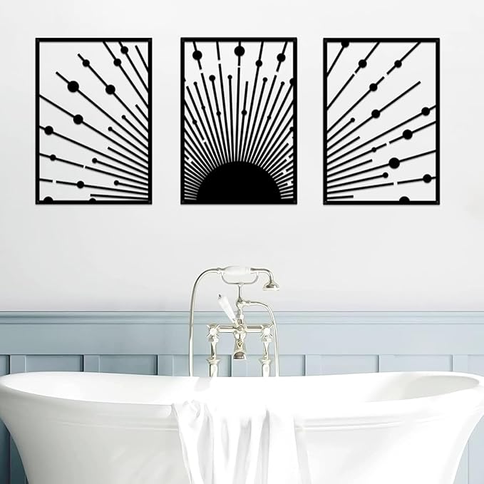 ruelen Metal Sun Wall Decor - Large Minimalist Sun Line Art Sculpture for Modern Home & Outdoor Decor, Set of 3 (40x28cm) - Nautical Black Sunshine Design