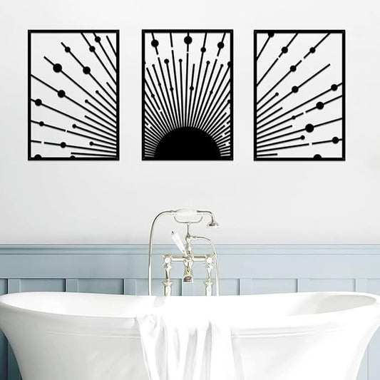 ruelen Metal Sun Wall Decor - Large Minimalist Sun Line Art Sculpture for Modern Home & Outdoor Decor, Set of 3 (40x28cm) - Nautical Black Sunshine Design