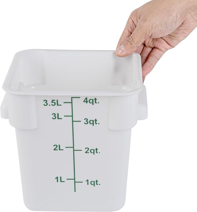 Restaurantware Food Storage Container 10 Pack of 4 qt Plastic Kitchen Storage Bin with Volume Markers Space-Efficient Design Dishwasher-Safe Polypropylene White