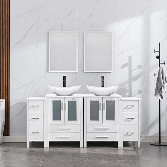 eclife 72" Modern Bathroom Vanity Sink Combo Freestanding Cabinet with Small Side Cabinet, White Boat Ceramic Vessel Sink, Water Save Faucet, Drain (White+T44)