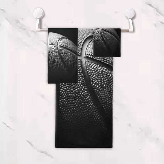 3 Piece Black Grey Basketball Bath Towels Set,Microfiber Absorbent Vintage Sport Themed Ball Print Towels for Bathroom,1 Bath Towel,1 Hand Towel,1 Washcloth,Decorative Guest Bathroom Towels