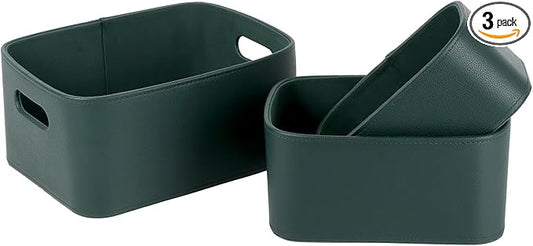 HofferRuffer Faux Leather Storage Baskets Bins with Velvet Lining for Organizing, Storage, Gifts, Set of 3 Nesting Shelf Baskets Decorative Storage Boxes for Home Organization (Green)