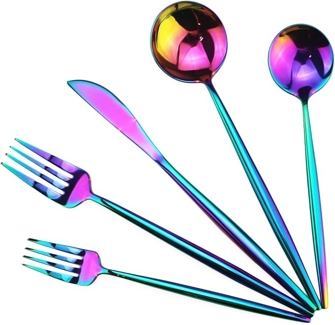 Gugrida Portable Silverware Set - 5-Piece Flatware Cutlery Set - 18/10 Stainless Steel - Mirror Polishing Rainbow Travel Elegant Modern Utensils - Service for 1 Include Steak Knife Dinner Fork Spoon