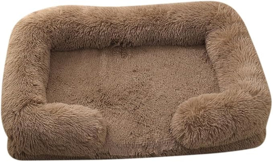Orthopedic Dog Bed for Medium Dogs - Washable Memory Foam Pet Sofa, Fluffy Plush Rectangular Bed, Waterproof Anti-Anxiety Couch, Khaki, M