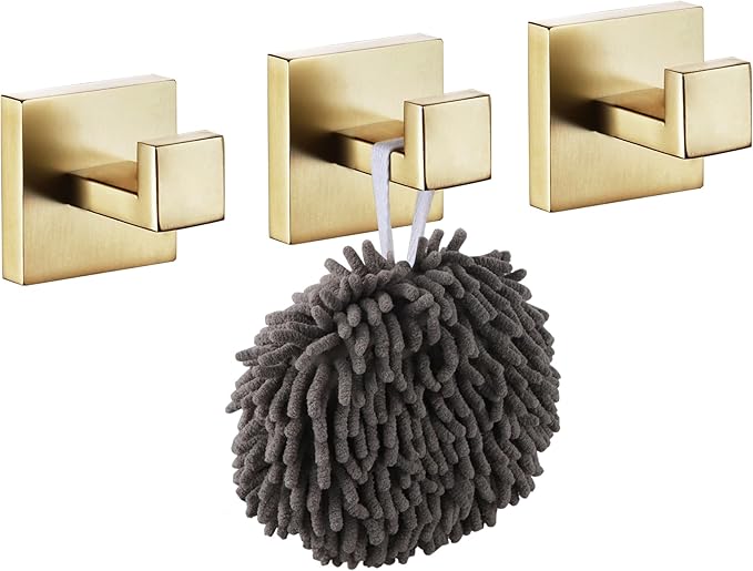 KOKOSIRI Bath Robe Hook Wall Mount Square Towel Hook Coat Hook Bathroom Kitchen Garage Heavy Duty SUS 304 Stainless Steel 3 Pack Brushed Gold B1010BG-P3