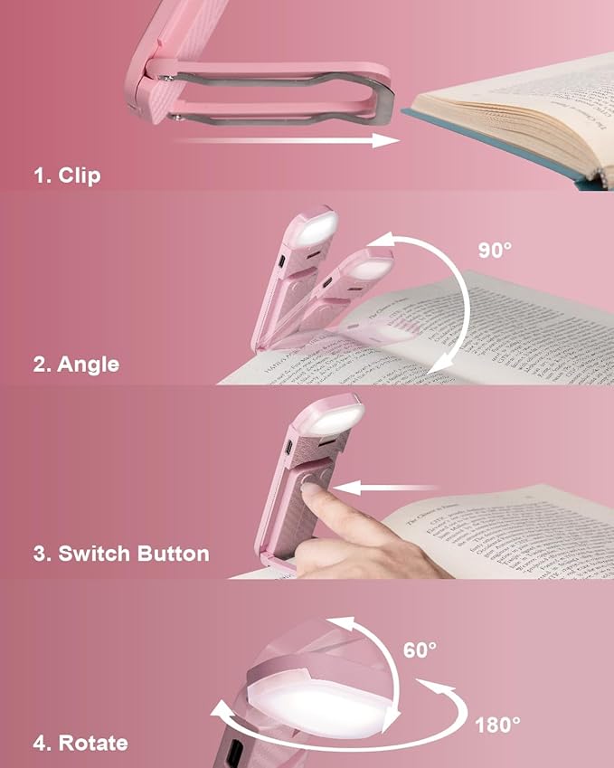 Book Reading Light, Rechargeable Clip on Booklight, Eye Caring 3 Color Temperatures & 5 Brightness Levels, Night Use for Bed, Long Lasting, Reading at Night in Bed, Pink