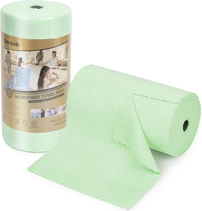 Microfiber Cleaning Cloth Roll 75 Pack Green+SOOWASH Microfiber Cleaning Cloth Roll 75 Pack Pink