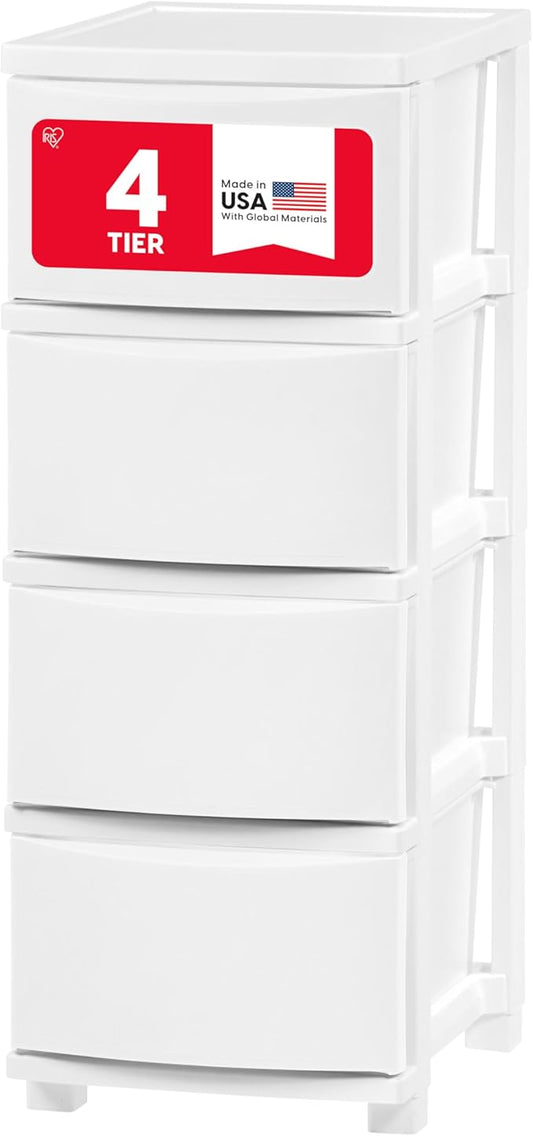 IRIS USA Plastic Drawer Storage Organizer, 4-Drawers, for Classroom Art Supplies Bathroom Dorm Bedroom Laundry Room, Slim Narrow, White Frame with Matte White Front Panels