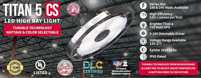 RuggedGrade 240W - Titan V CS Series LED High Bay UFO Light - 26,100 Lumens - Color Selectable on Fixture 4000K/5000K - Outdoor LED Light - DLC 5.1 Premium