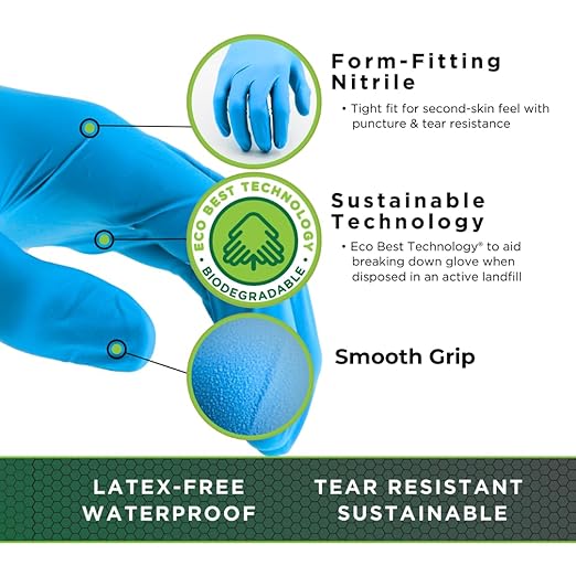 SHOWA 8005PF Sustainable EBT Latex-Free, Powder-Free, Nitrile Disposable Single Use Safety Gloves, 8 Mil, 9.5" Length, Medium (1 Box/50 Gloves)