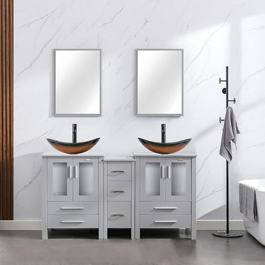 eclife 60" Modern Bathroom Vanity Sink Combo Freestanding Cabinet with Small Side Cabinet, Brown Boat Glass Vessel Sink, Water Save Faucet, Drain (Gray+A29BR)