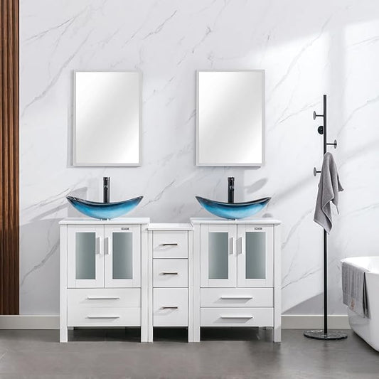 eclife 60" Modern Bathroom Vanity Sink Combo Freestanding Cabinet with Small Side Cabinet, Blue Boat Glass Vessel Sink, Water Save Faucet, Drain (White+A29BU)