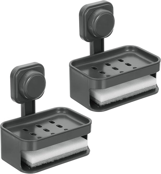 uxcell 2Pcs Suction Cup Soap Dish, Removable and Reusable Wall Mounted Double Bar Soap Holder for Shower No-Drilling Sponge Holder for Bathroom Kitchen, Gray