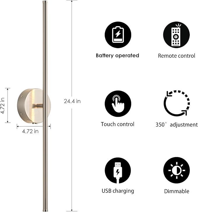 Battery Operated Wall Sconces with Remote Control, Dimmable Wall Sconces Set of Two, 350°Rotate, 3000K LED Nickel Wireless Wall Light for Living Room, Bedroom, Hallway, 32.2 Inch (2 Pack)