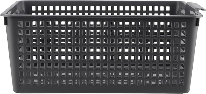 3 Pack Large Plastic Storage Baskets, 14.3 x 10.2 x 5.7 Inch Grey Storage Bins, Stackable Plastic Woven Basket Organizer Tray for Pantry Organization