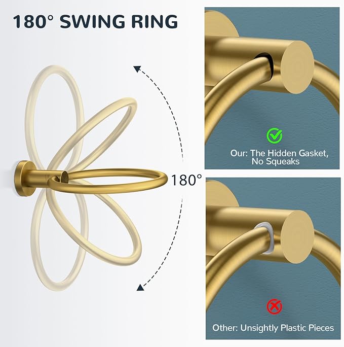 FORIOUS 4 Piece Bathroom Accessories, SUS304 Stainless Steel Toilet Paper Holder, Towel Ring and 2 Towel Hooks, Wall Mounted Bathroom Hardware Set (Dark Gold,Double Post Pivoting)