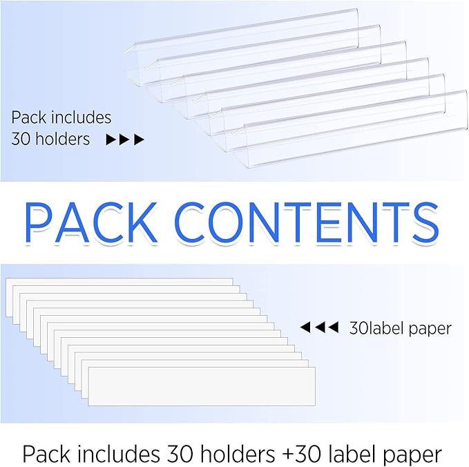 Teling 30 Pieces Shelf Label Holder, Clear Plastic 0.875'' x 6'' Shelves Clip Wood Tags Ticket Sign Label Metal Holders for 0.75'' Thick Shelves Includes Matched Blank Inserts Offices Libraries