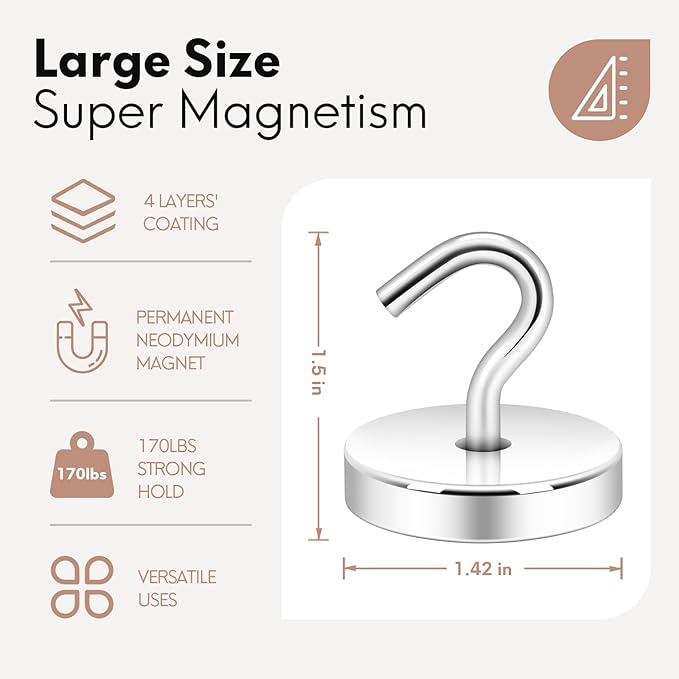 Neosmuk Magnetic Hooks, Heavy Duty 170lb Strong Magnets for Cruise Cabins, Ship Essentials, Large Metal Hooks for Hanging on Fridge(Silver,Pack of 4)