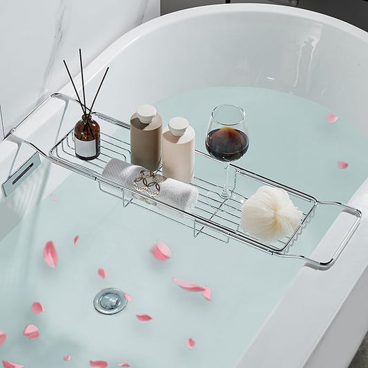 Stainless Steel Bathtub Caddy Tray, Expandable Bath Tub Table, Adjustable Bathroom Tray, Bath Organizer Tub Shelf,Silver,26.8~35.4in