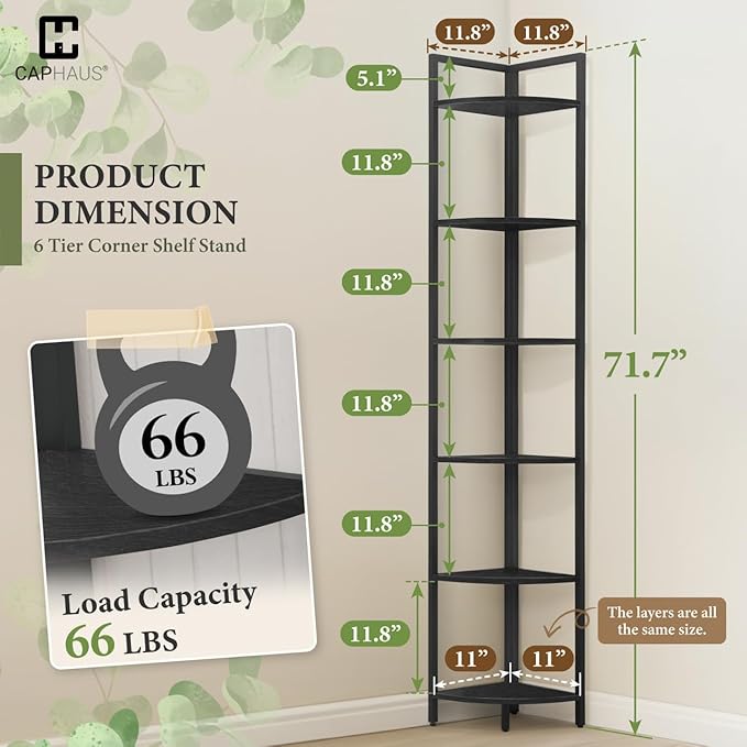 CAPHAUS 6-Tier Corner Shelf, 71.1-Inch Tall Corner Bookshelf with Metal Frame, Round Corner Display Rack, Tall Stand for Bathroom, Living Room, Home, Office, Black