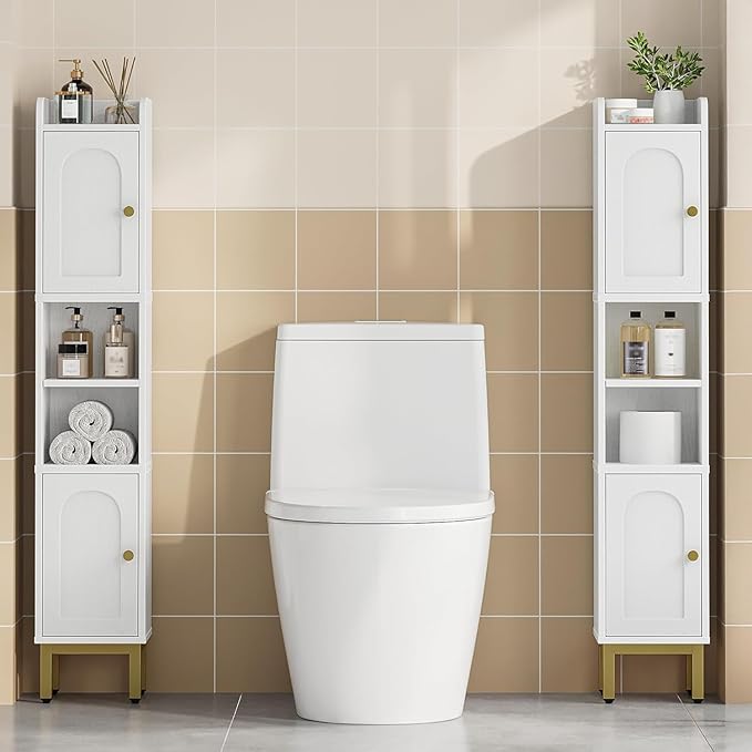 Slim Bathroom Storage Cabinet, Narrow Bathroom Organizers and Storage with 4 Adjustable Feet, Laundry Room Organization for Small Space, Kitchen, Living Room, 2 Doors White BC22413G
