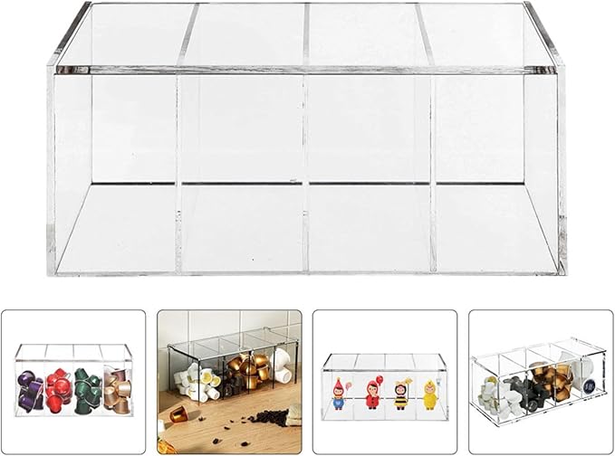 Acrylic Storage Case 4-compartment Display Box with Hinged Lid, Organizer for Coffee Capsules and Small Items, 30x8.6x7cm, Modular Stackable Container for Home and Office