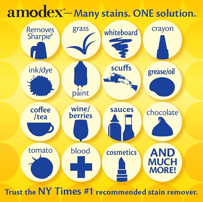 Amodex Ink & Stain Kit with Stain Remover Brushes, Removes Ink, Sharpie, Grease, Food and More, Safe and Effective on Clothes, Leather and Skin, Includes 1 Bottle and 2 Brushes