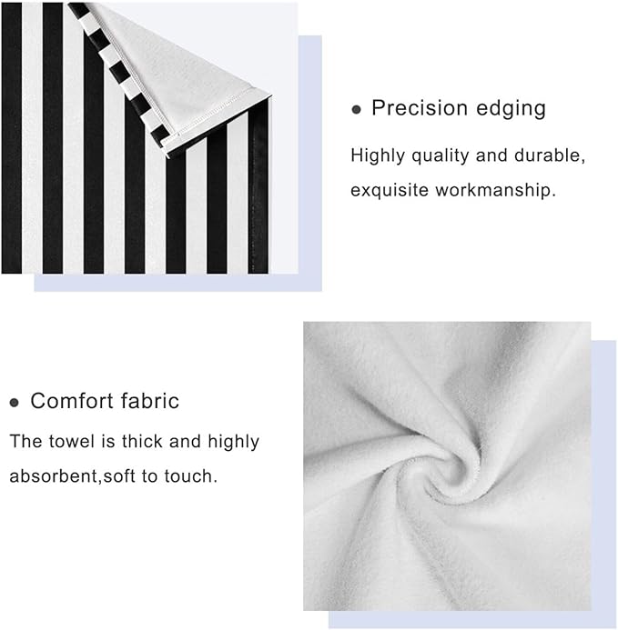 White Black Striped Bath Towels Set, 3-Piece Modern Fashion Set (1 Bath, 1 Hand, 1 Washcloth), Absorbent Microfiber Decorative Bathroom Towels for Fingertip, Hair, Face