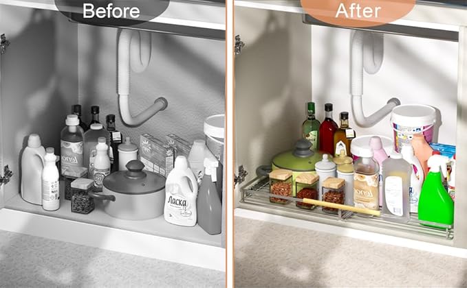 SANNO Pull Out Cabinet Organizer, Slide Out Kitchen Cabinet Storage Sliding Shelves, Bottom-Mounted,Expandable Slide Out Shelves for Home, Kitchen, Bathroom, Pantry, Closet(1pack)