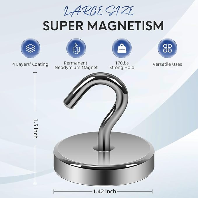 Neosmuk Magnetic Hooks, Heavy Duty 170lb Strong Magnets for Cruise Cabins, Ship Essentials, Large Metal Hooks for Hanging on Fridge(Gunmetal,Pack of 4)