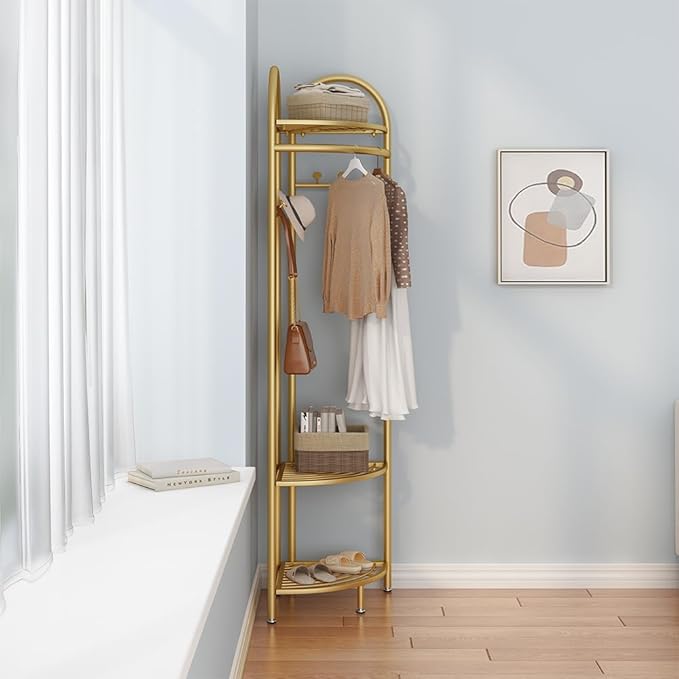 Metal Corner Coat Racks, Gold Clothing Racks Hall Tree, Freestanding Garment Rack with Hooks and Storage Shelf for Hallway, Entryway, Bedroom, Living Room, Office(Gold)