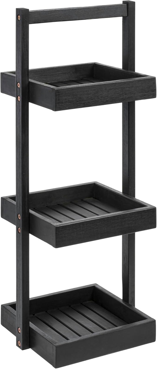 happimess SHF1001B Tilly 30" Classic Rustic 3-Tier Acacia Wood Freestanding Bathroom Shower Caddy with Handle, Rack for Bath, Office, Kitchen Desktop, Black
