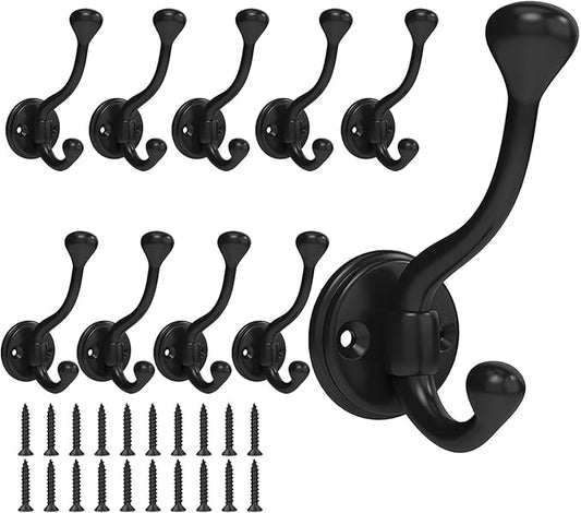 10 Pack Wall Hooks for Hanging, Heavy Duty Coat Hook Wall Mount, Easy to Install Metal Closet Hooks, Apply to Bathrooms, Bedrooms, Living Rooms, Entrances (Black)