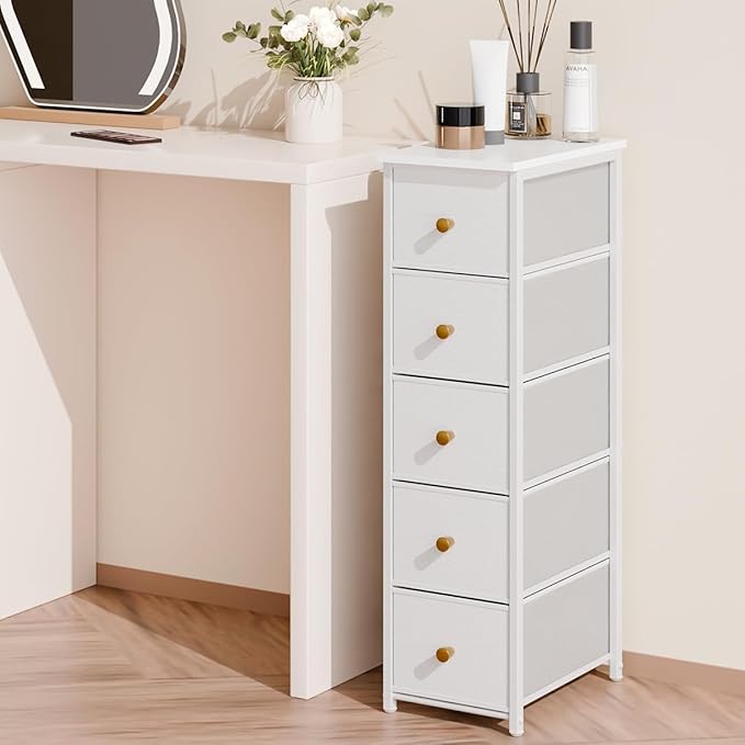 Narrow Storage Cabinet for Small Spaces Slim Skinny Bathroom Dresser Tall Dorm Nightstand Thin Organizer for Bathroom Bedroom (White, 5 Drawers)