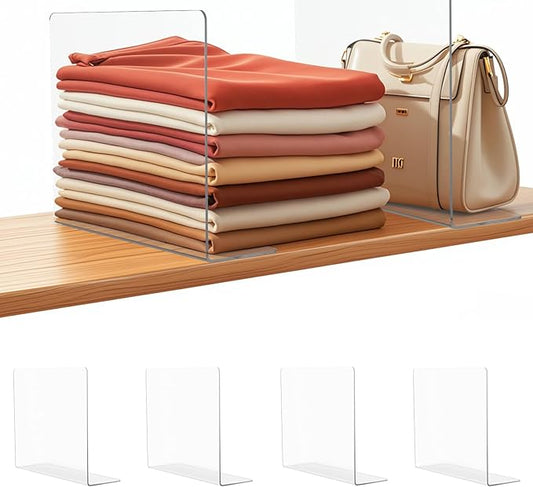 Acrylic Shelf Dividers for Closet Organization: 10" Tall x 12" Deep Closet Shelf Divider for Clothes Sweater Purse - Clear Closet Organizers and Storage Separators for Shelves, 4Pack
