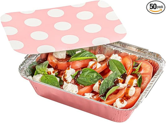 Restaurantware-16 Ounce Disposable Takeout Containers, 50 Rectangle Food Containers - With Polka Dot Lids, Pink Takeaway Containers, Aluminum Delivery Containers, Freezable