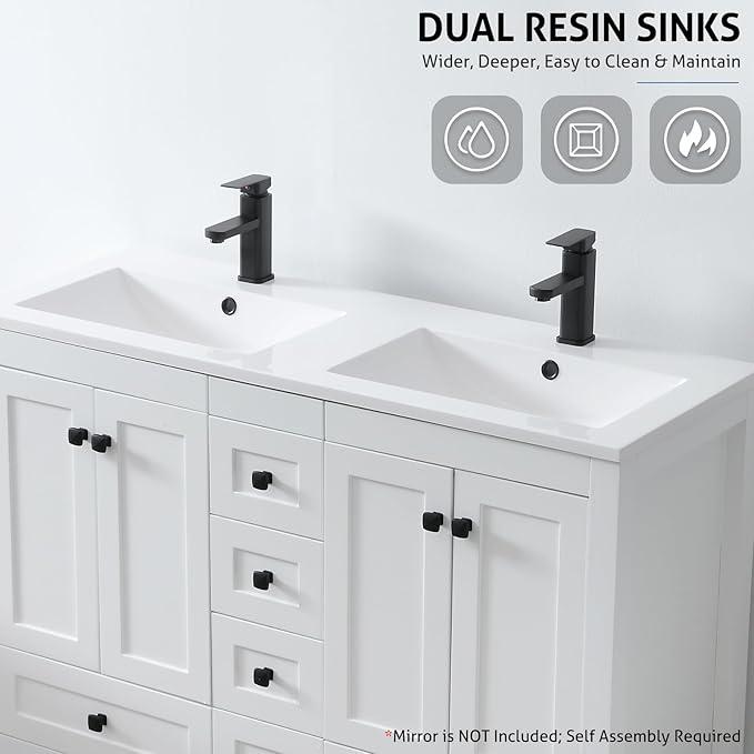 eclife 48" Bathroom Vanities with Sink Combo, Modern Thickened Wood Bathroom Storage Cabinet w/Undermount Double Sink, Matte Black Faucet Drain, Painted Surface, White