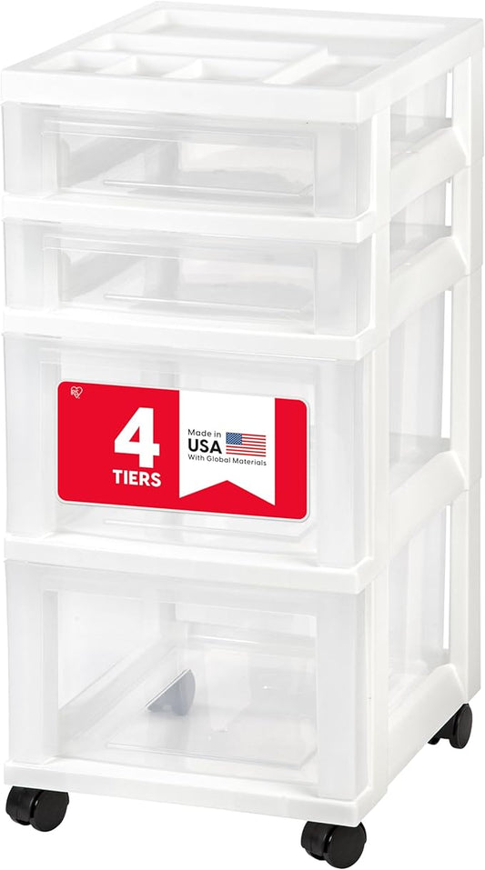 IRIS USA Plastic Drawer Storage Organizer Rolling Cart, with Wheels Casters, 4-Drawers, for Classroom Art Craft Supplies Dresser Closet Bathroom Laundry Room, White/Clear