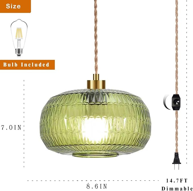 Plug in Pendant Light Glass Hanging Lights with Plug in Cord Boho Hanging Lamp Gold Mid Century Modern Vintage Dimmable Green Flower Plug in Chandelier Ceiling Fixture for Living Room,Kitchen