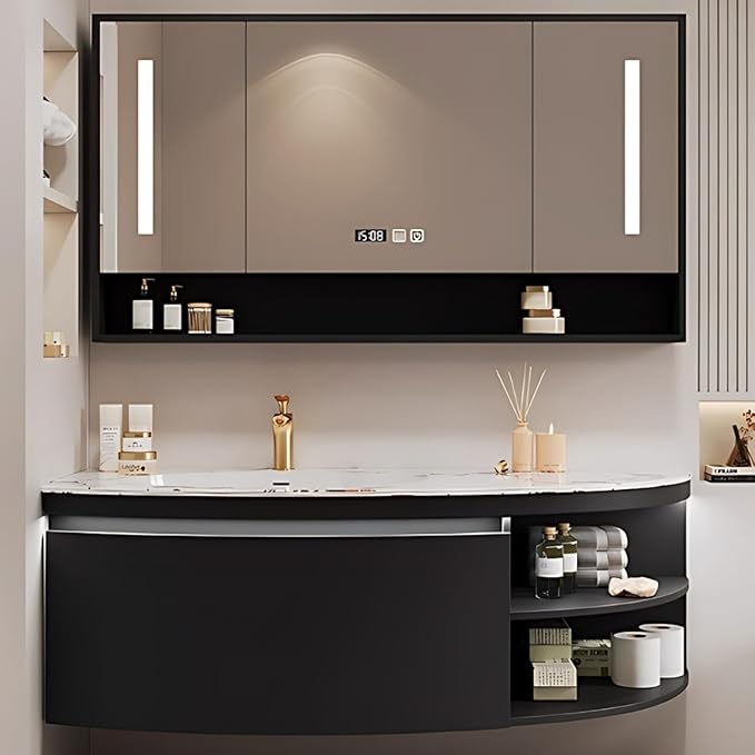46IN Floating Bathroom Vanity, Wall Mounted Wood Sink Cabinet with Smart Sensor LED Light Strip & Open Style Side Cabinet | LED Lights & Defogging Function, Single Sink Vanities Set (Black)