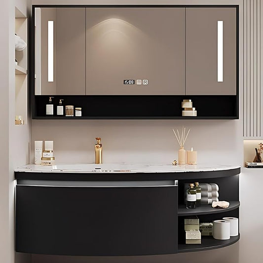 46IN Floating Bathroom Vanity, Wall Mounted Wood Sink Cabinet with Smart Sensor LED Light Strip & Open Style Side Cabinet | LED Lights & Defogging Function, Single Sink Vanities Set (Black)