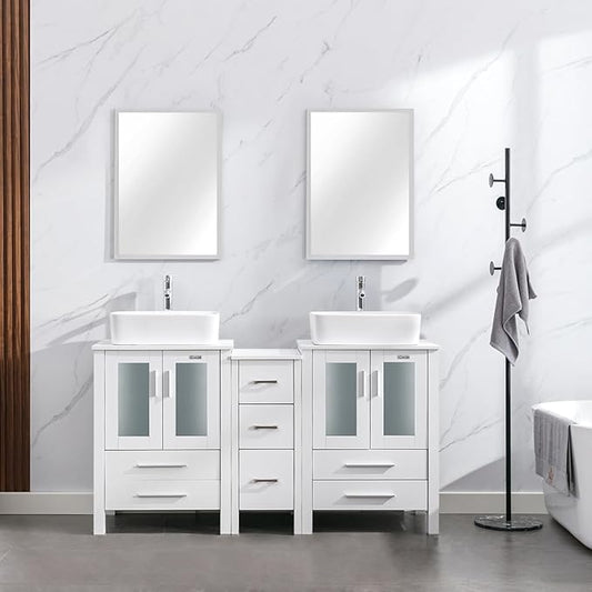 eclife 60" Modern Bathroom Vanity Sink Combo Freestanding Cabinet with Small Side Cabinet, White Rectangle Ceramic Vessel Sink, Water Save Faucet, Drain (White+T03)