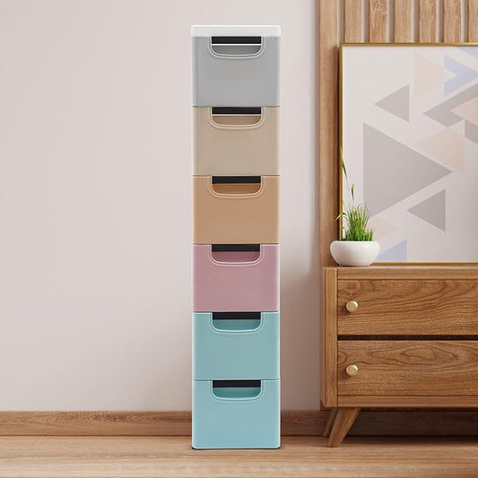 6 Drawers Storage Cart Rolling Storage Drawer Cart Narrow Plastic Dresser Rolling Organizer Cart Storage Unit on Wheels Bathroom Art Craft Supplies Mobile Slim Utility (Pale color)
