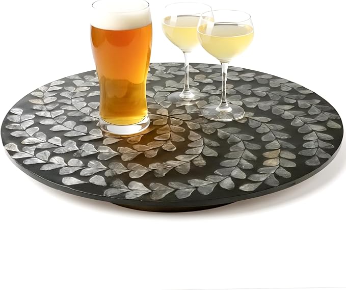 13.8" Mother of Pearl Lazy Susan Turnable Organizer, 360 Degree Round Table Countertop Decorative Spinning Tray for Kitchen Cabinet Counter Spice Pantry Dinner Table (Black Wicker)
